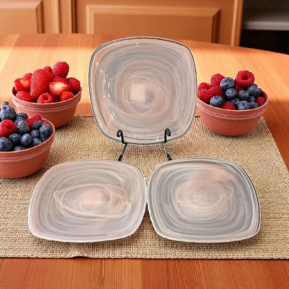 3 Pier 1‎ Alabaster Glass Plate Side Salad Dessert Lunch Niveus Pink Beige Swirl